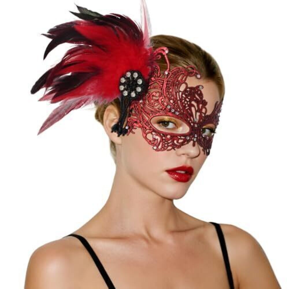 1283 Lace Masquerade Mask Mardi Gras Rhinestone Mask with Feather 1920s